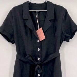 Quince Women's Black Linen Button Front Dress sz M Midi A-Line Belt Short Sleeve